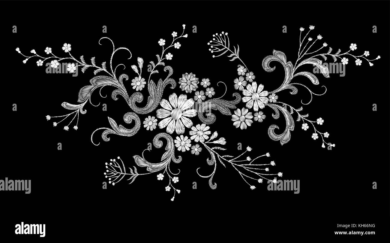 Realistic white vector embroidery fashion patch. Flower rose daisy