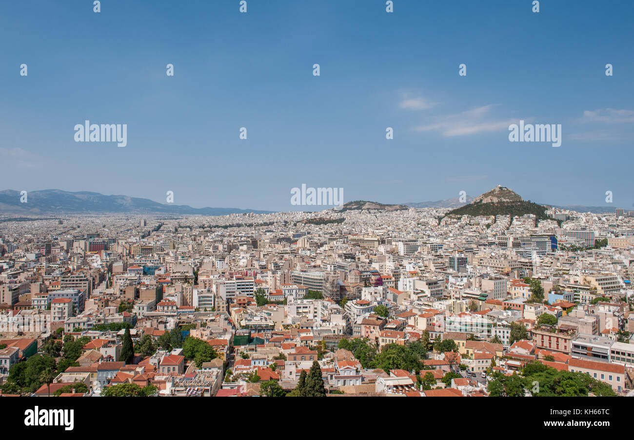 Aerial view of Athens and Mount Lycabettus from Acropolis Stock Photo