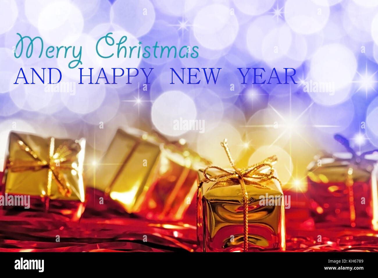 Christmas and New Year Greetings Card with Christmas Present Stock Photo