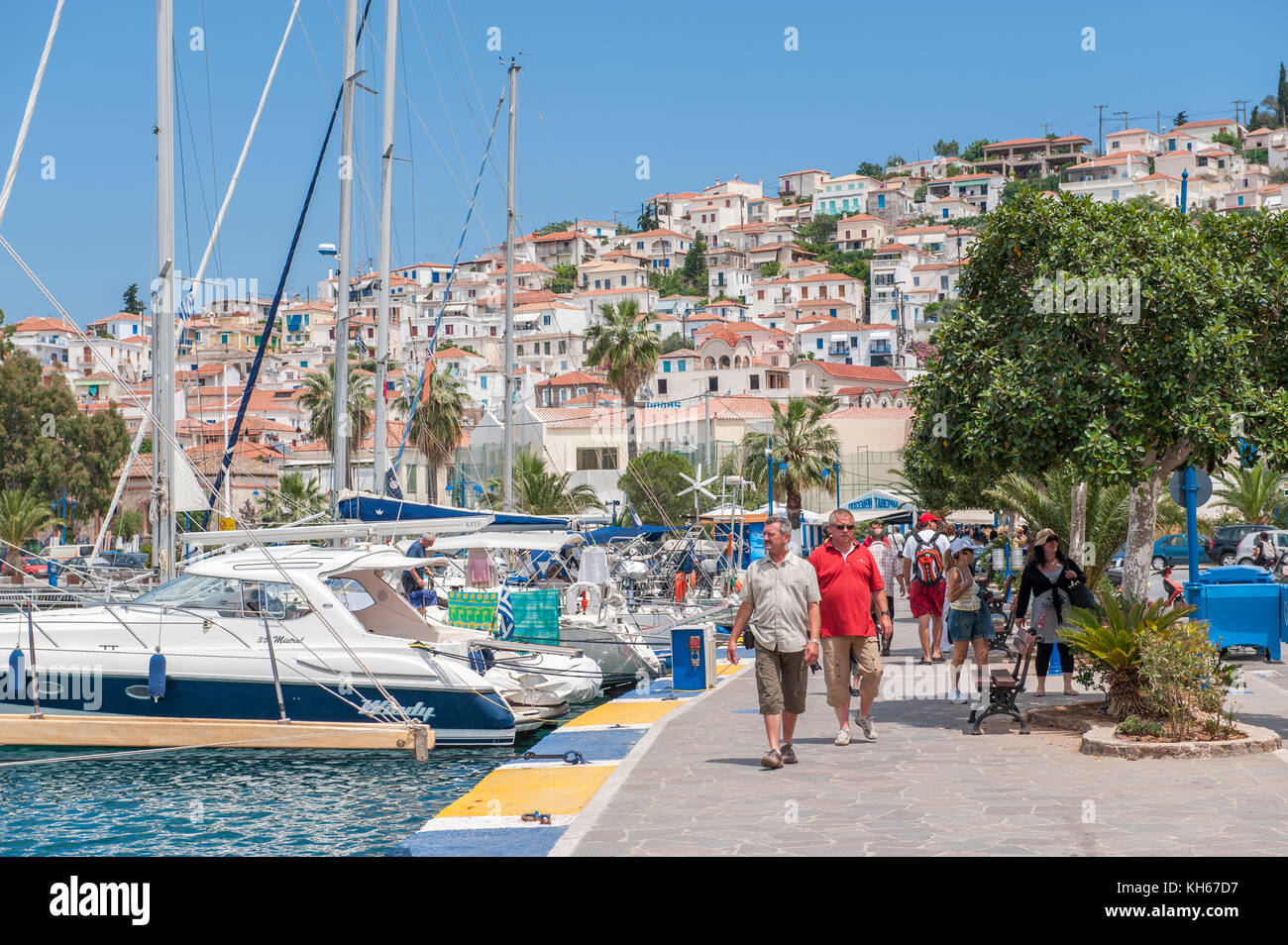 Poros on a sunny day. Poros is a small Greek island in the Aegean sea belonging to the Saronic islands. Stock Photo