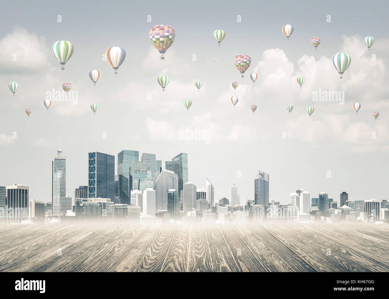 Concept of air pollution concept with aerostats flying above cit Stock ...