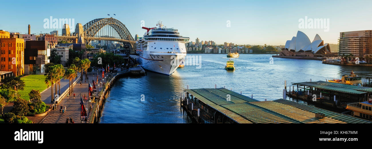 Panoramic Image of Cruise Ship at Circular Quay in the Morning, Sydney, New South Wales (NSW), Australia Stock Photo
