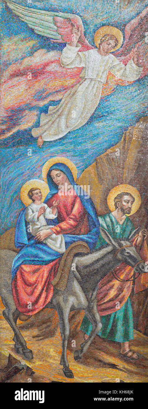 LONDON, GREAT BRITAIN - SEPTEMBER 17, 2017: The mosaic of The Flight to Egypt in St. Peter Italian church from 20. cent. Stock Photo