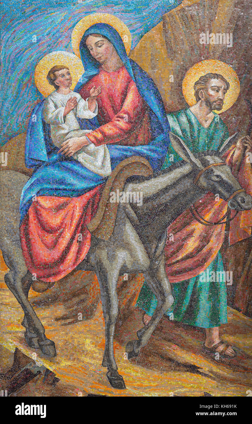 LONDON, GREAT BRITAIN - SEPTEMBER 17, 2017: The detail of the mosaic of The Flight to Egypt in St. Peter Italian church from 20. cent. Stock Photo