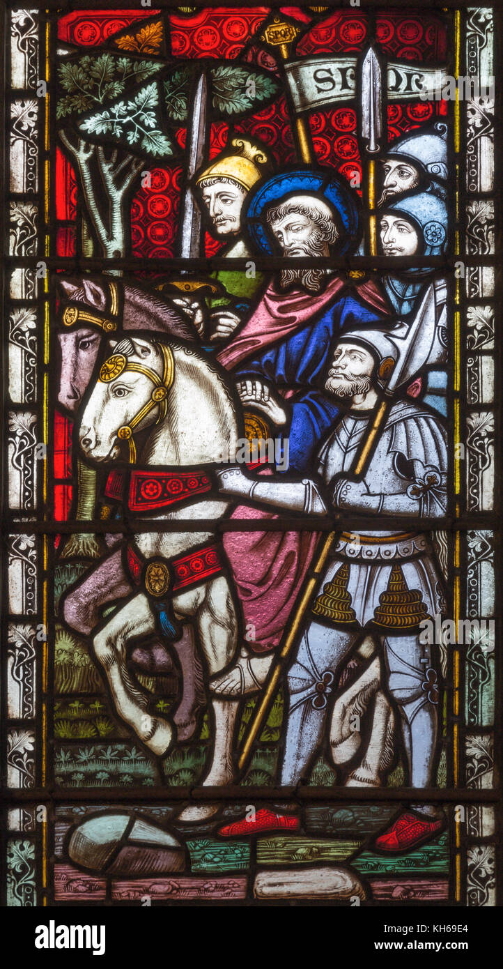 LONDON, GREAT BRITAIN - SEPTEMBER 19, 2017: The aresting of St. Paul on Stained glass in St Mary Abbot's church on Kensington High Street. Stock Photo