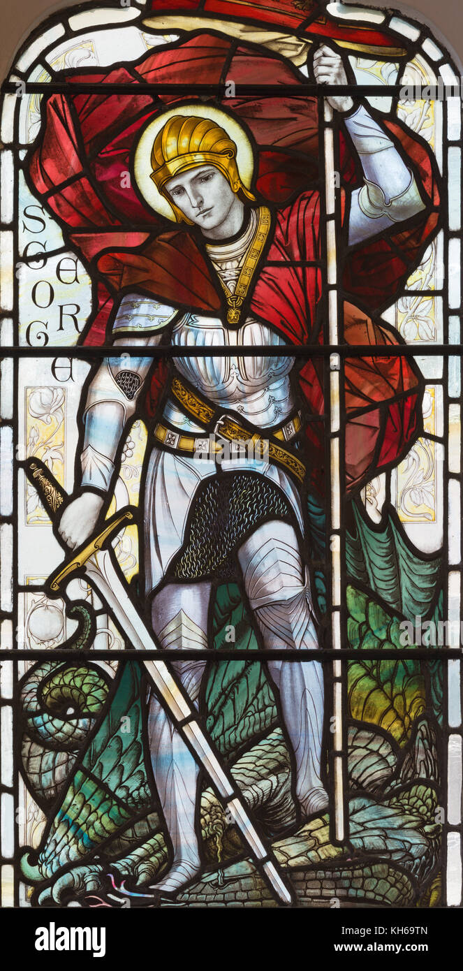 LONDON, GREAT BRITAIN - SEPTEMBER 17, 2017: The St. George on the stained glass in church St. Michael, Chester square. Stock Photo