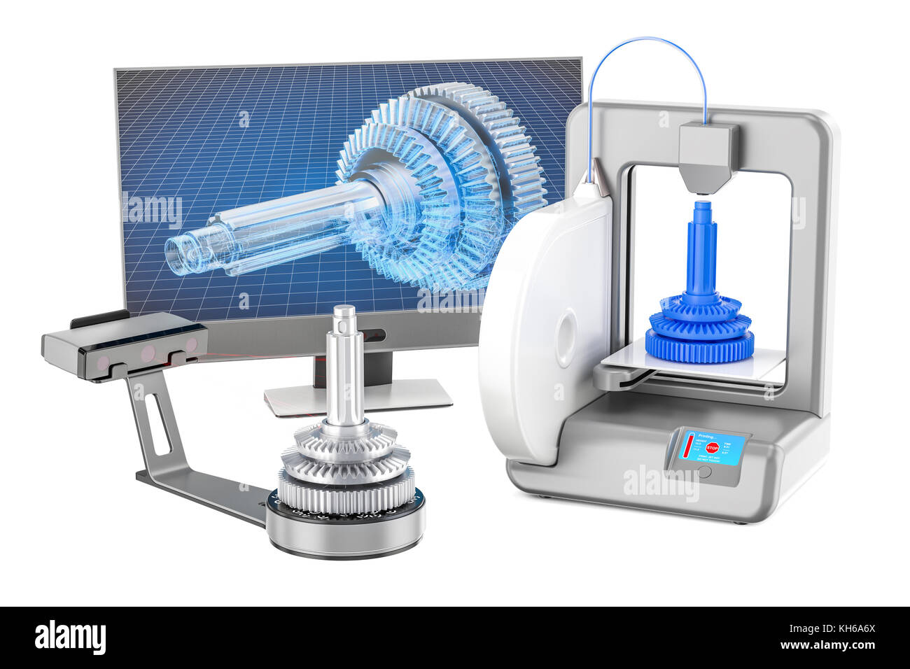 3d scanner, 3d printer and computer monitor, 3D rendering isolated on white background Stock