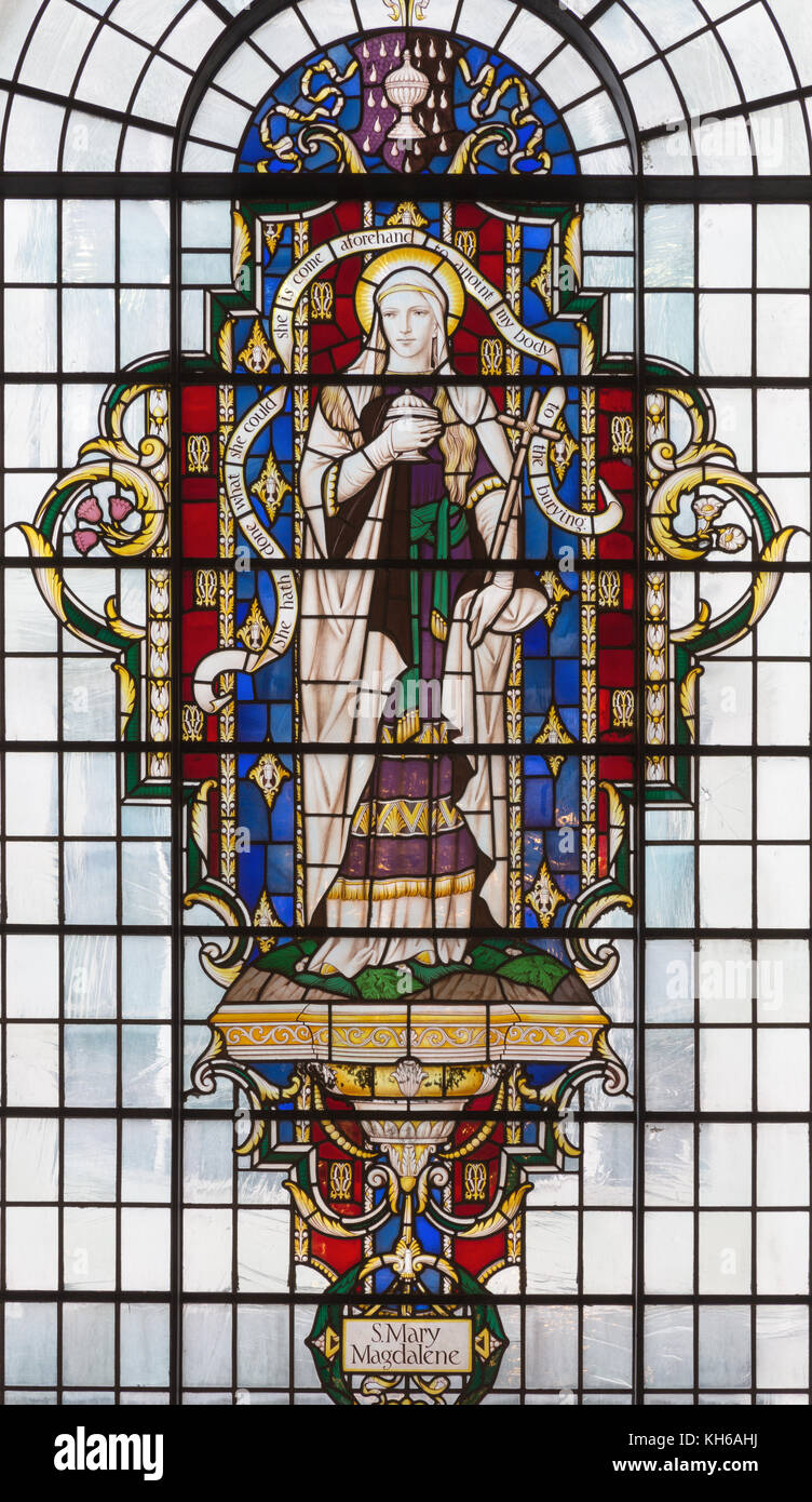 LONDON, GREAT BRITAIN - SEPTEMBER 14, 2017: St. Mary Magdalen on the stained glass in church St. Lawrence Jewry by Christopher Webb (half of 20. cent. Stock Photo