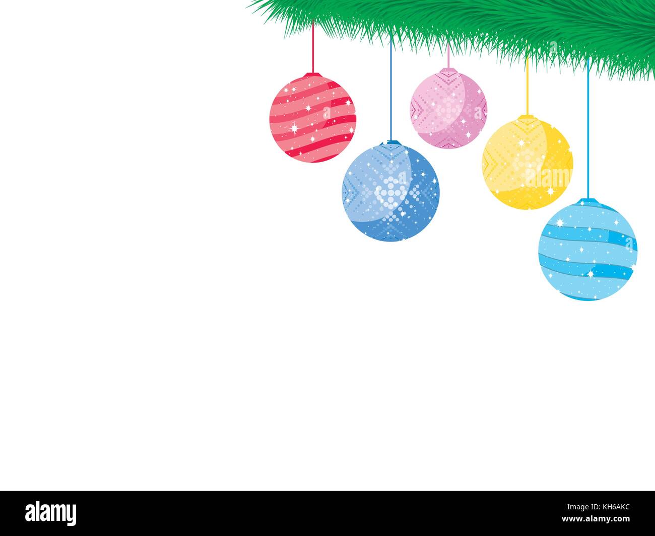 Balls on the Christmas tree branch. Festive toys, decorations. Vector