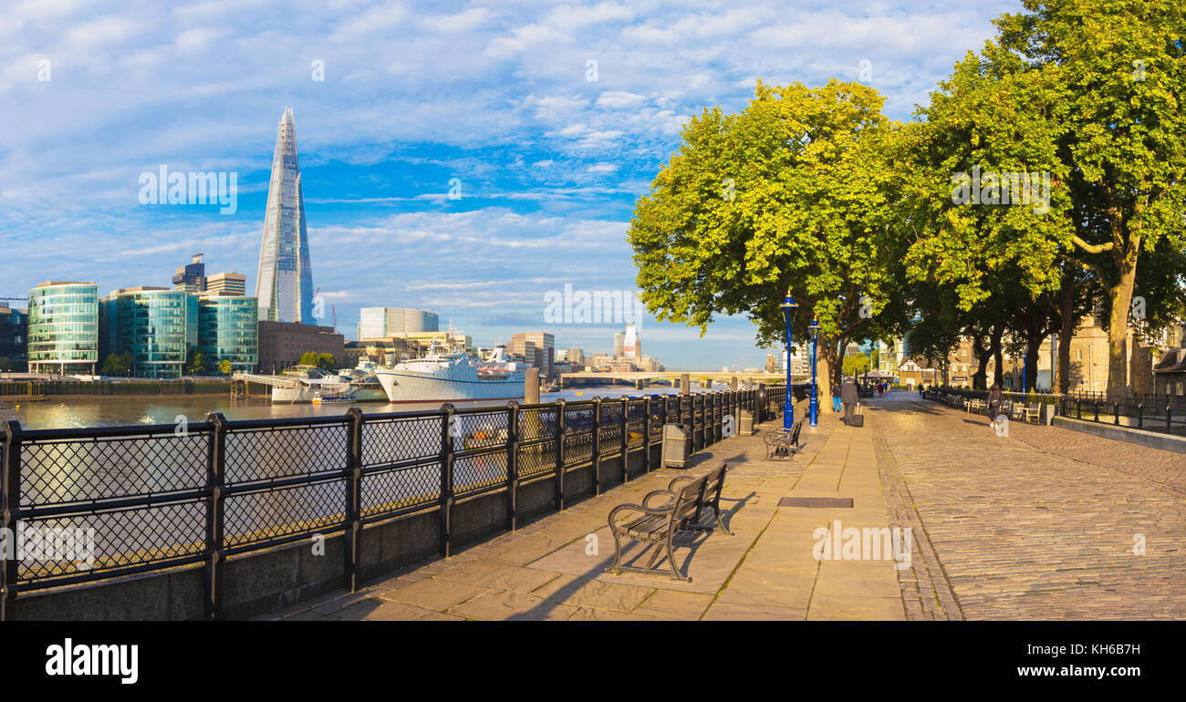 London - The panorama of Thames riverside and Shard from promenade in morning light. Stock Photo