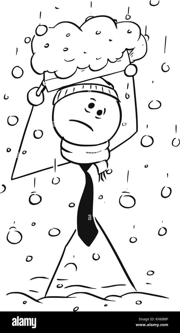 Cartoon stick man drawing illustration of businessman during heavy winter snowfall snowing, protecting yourself by briefcase. Stock Vector