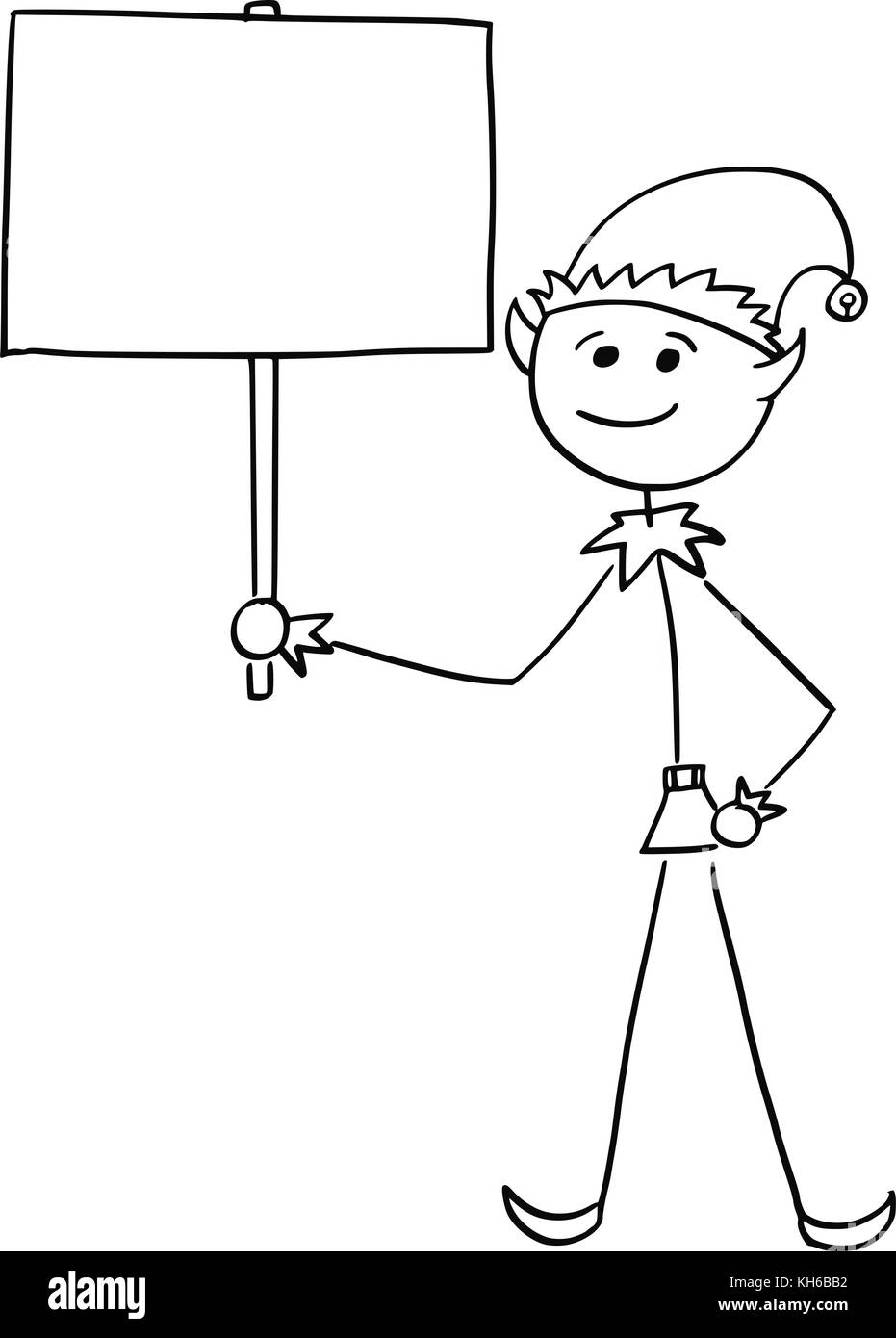 Cartoon drawing illustration of smiling Christmas Santa Claus Elf holding empty blank sign. Stock Vector
