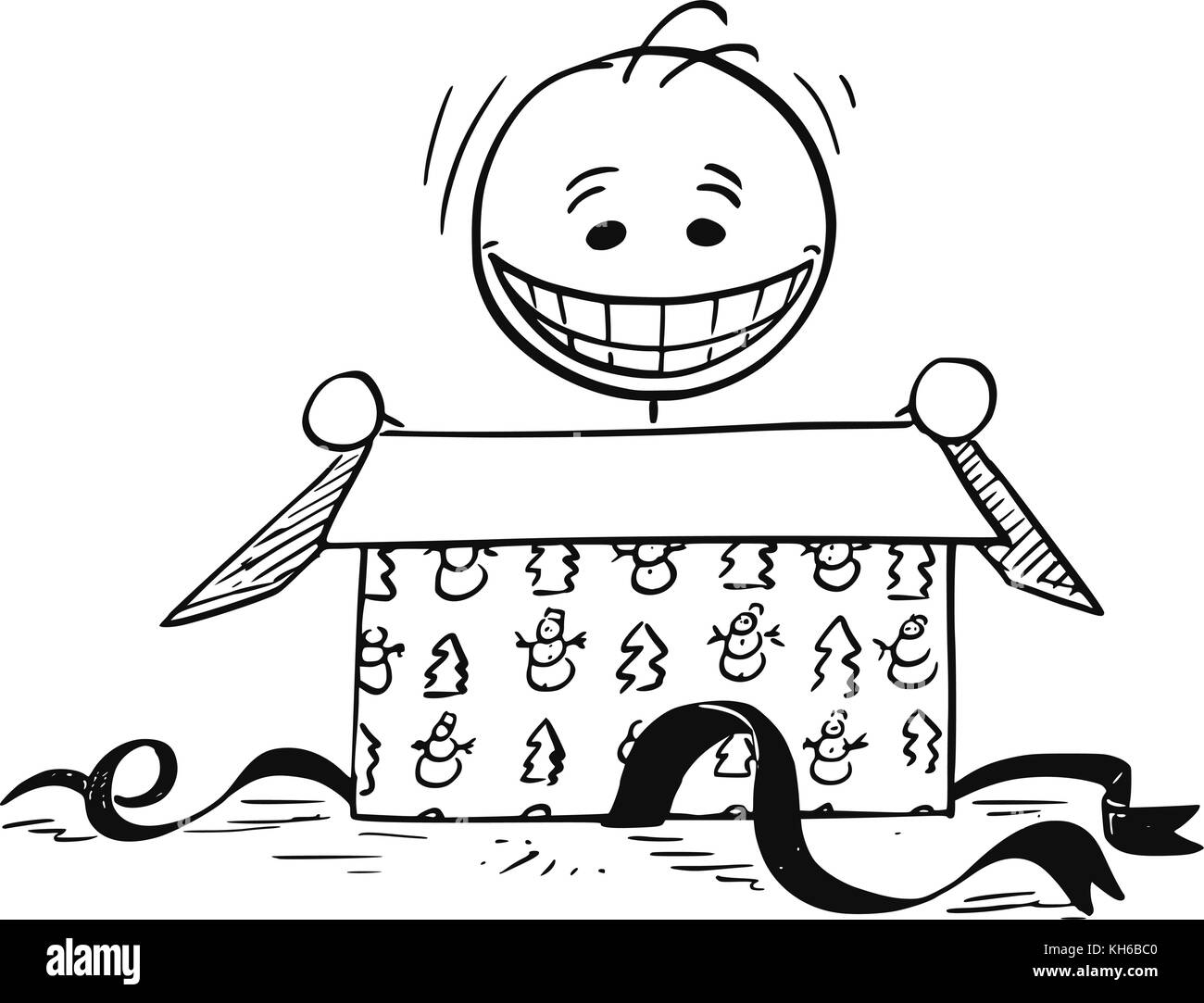 Cartoon stick man drawing illustration of happy smiling man looking in to open Christmas gift box. Stock Vector