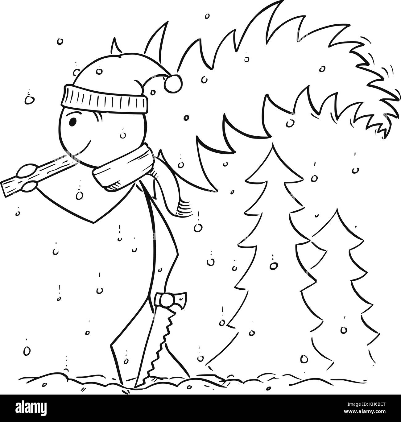 Cartoon stick man drawing illustration of man with saw carrying small tree from forest in snowfall for Christmas. Stock Vector