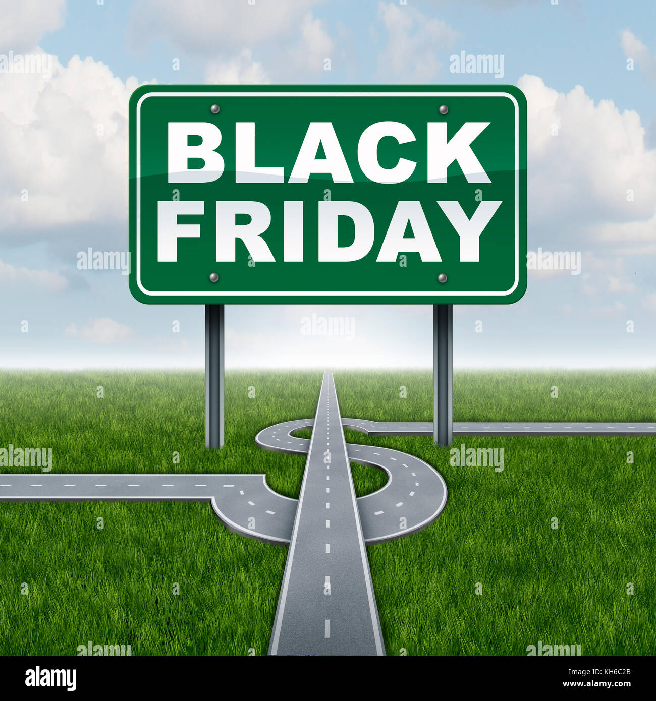 Black friday sales sign and seasonal retail promotion advertising and marketing for discounted prices as a street sign and dollar sign road. Stock Photo