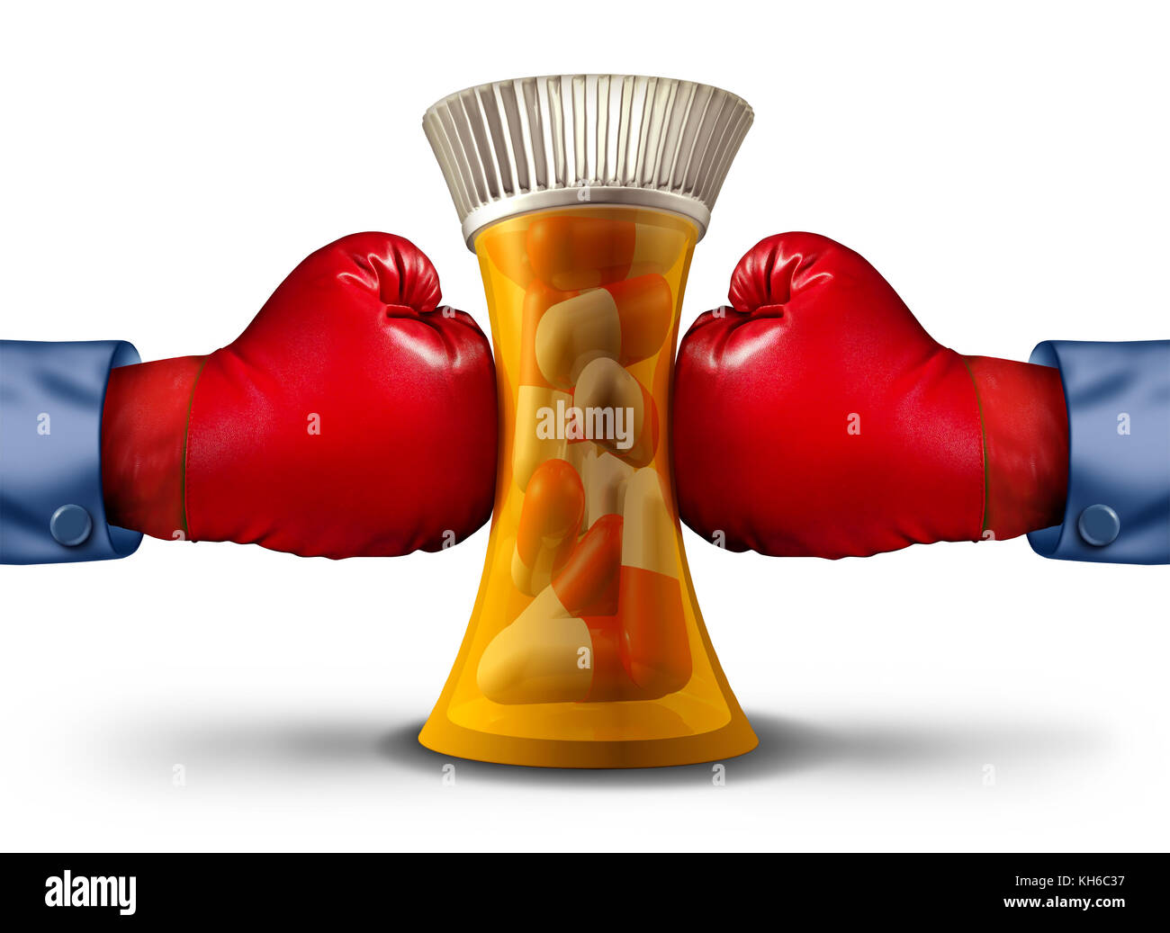 Pharmaceutical pressure and health insurance stress concept as boxing gloves squeezing a prescription drug bottle or vitamin container. Stock Photo