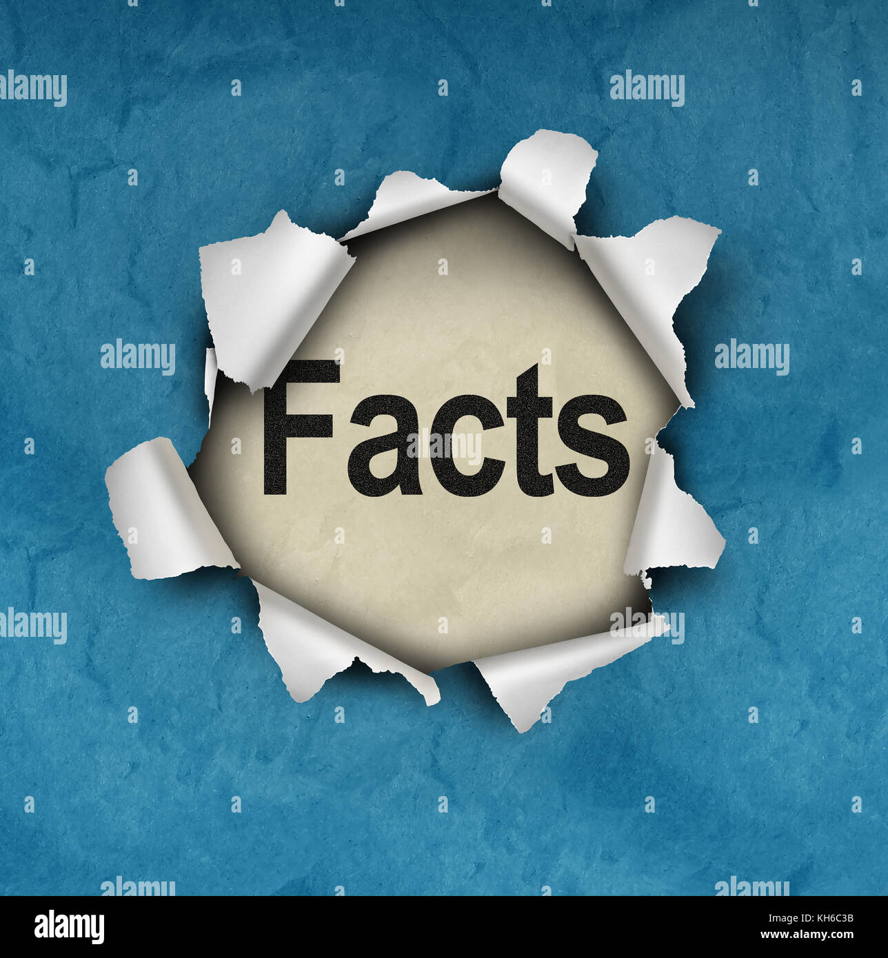Uncover facts and investigate the truth underneath a hidden torn paper hole revealing a word as an integrity and honest information symbol. Stock Photo
