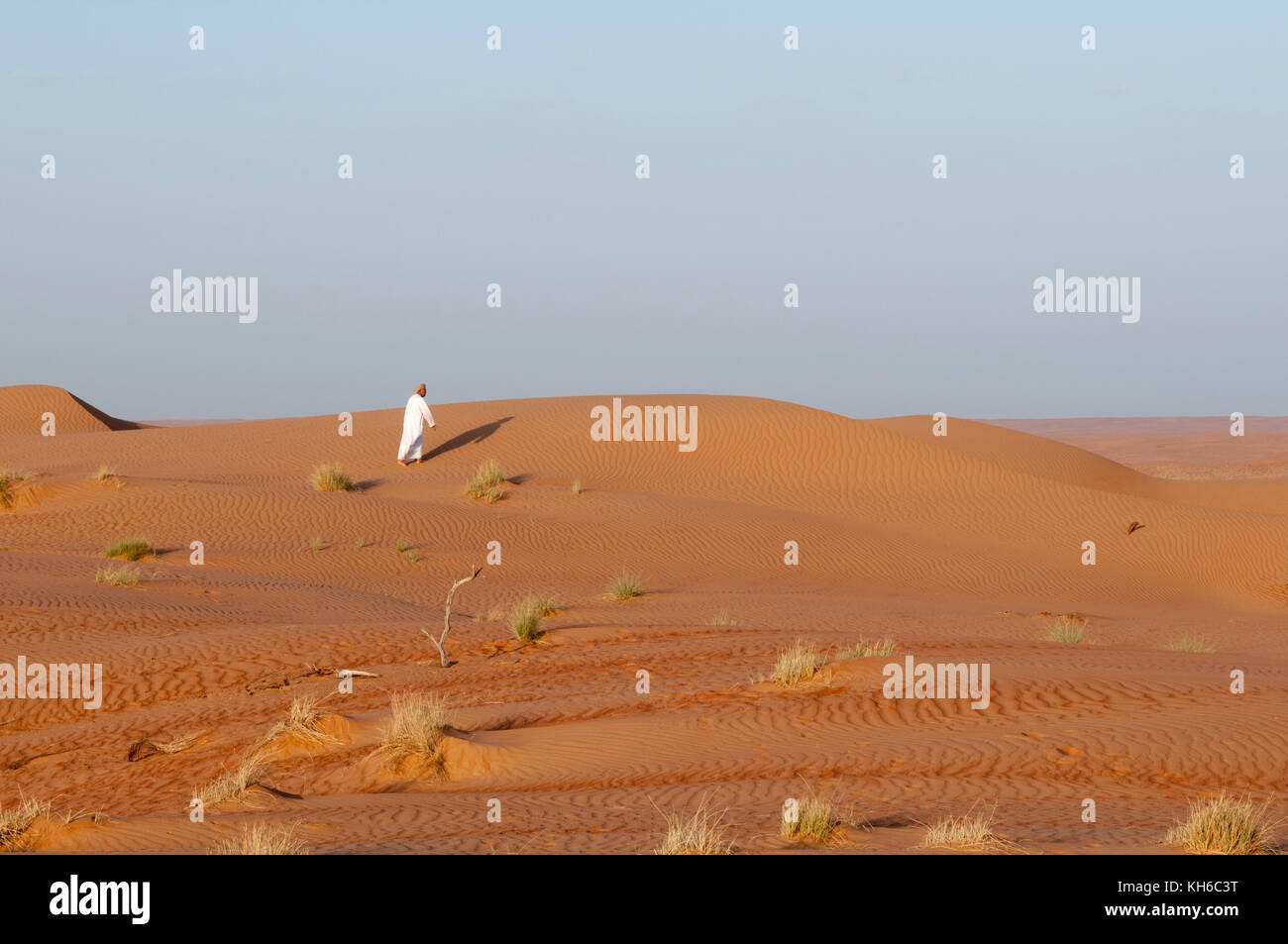 An omani man on sand dunes, Wahiba Sands desert, Oman. MR Stock Photo