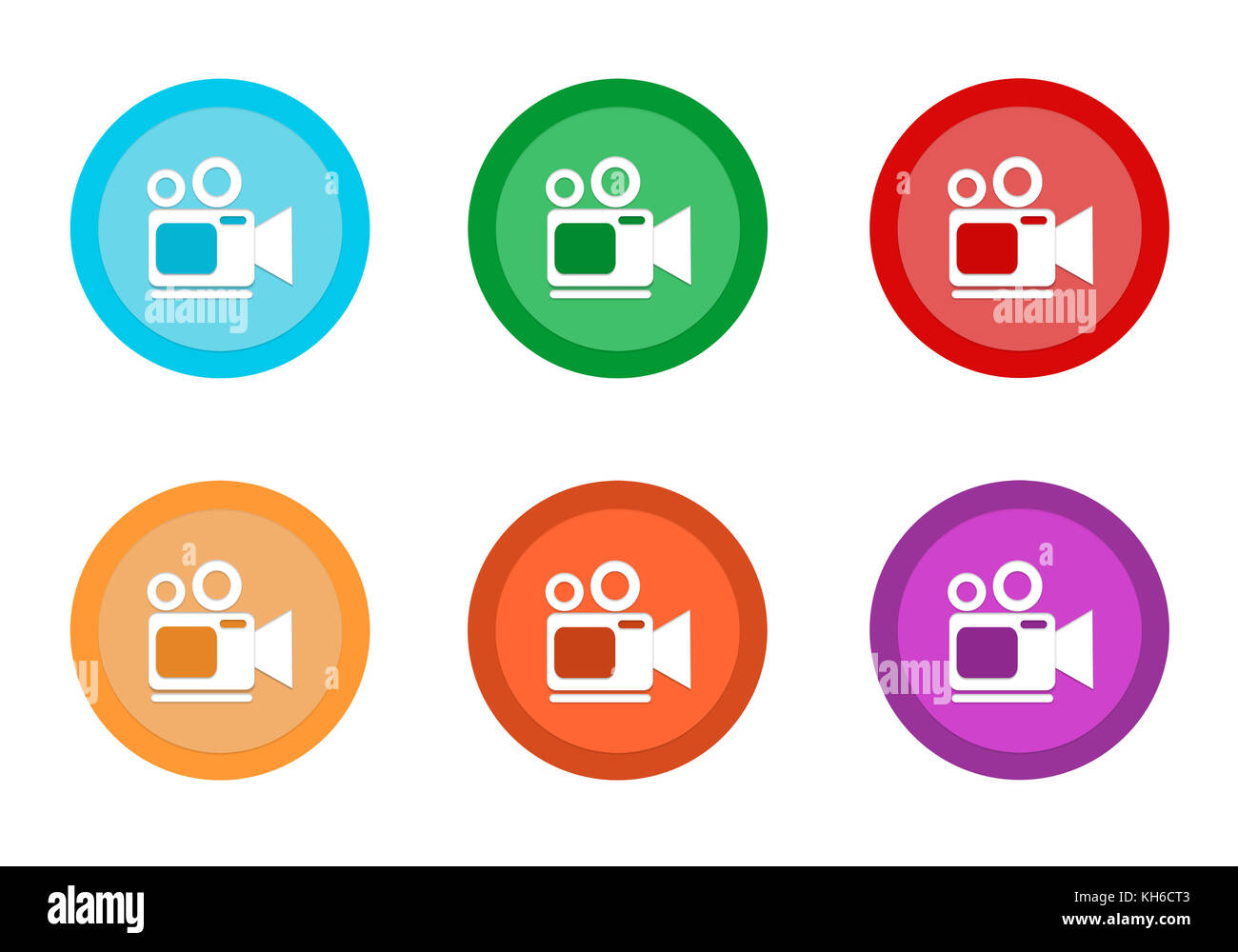 Set of rounded colorful buttons with camcorder symbol in blue, green