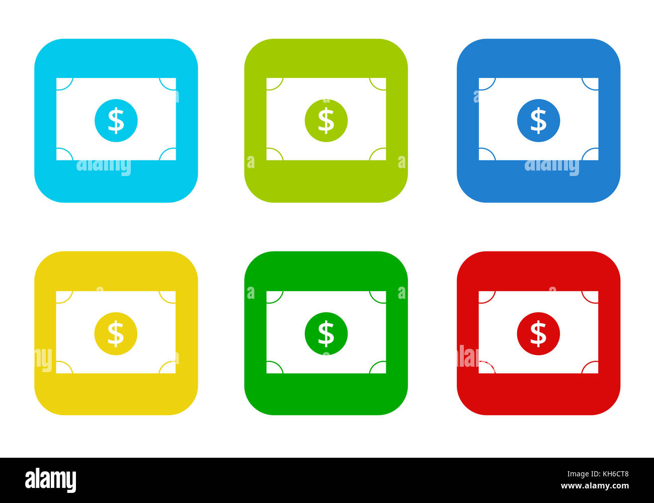 Set of rounded square colorful flat icons with money symbol in blue ...
