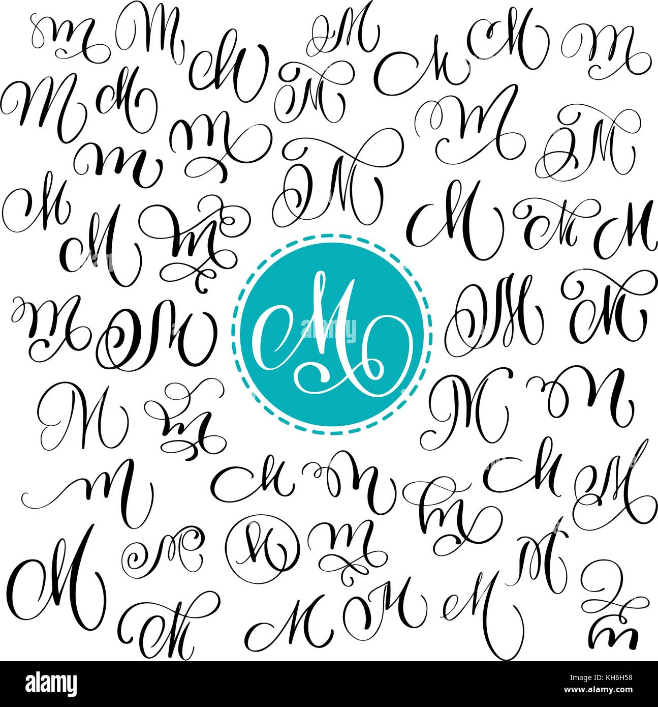 Set of Hand drawn vector calligraphy letter M. Script font. Isolated letters written with ink. Handwritten brush style. Hand lettering for logos packaging design poster Stock Vector