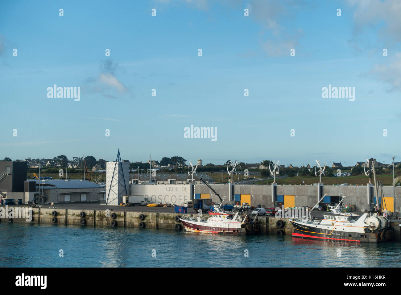 Fishing vessels in port viewed from the Cap Finistere vessel in the port of Roscoff, Quai Charles de Gaulle, 29680 Roscoff, France Stock Photo