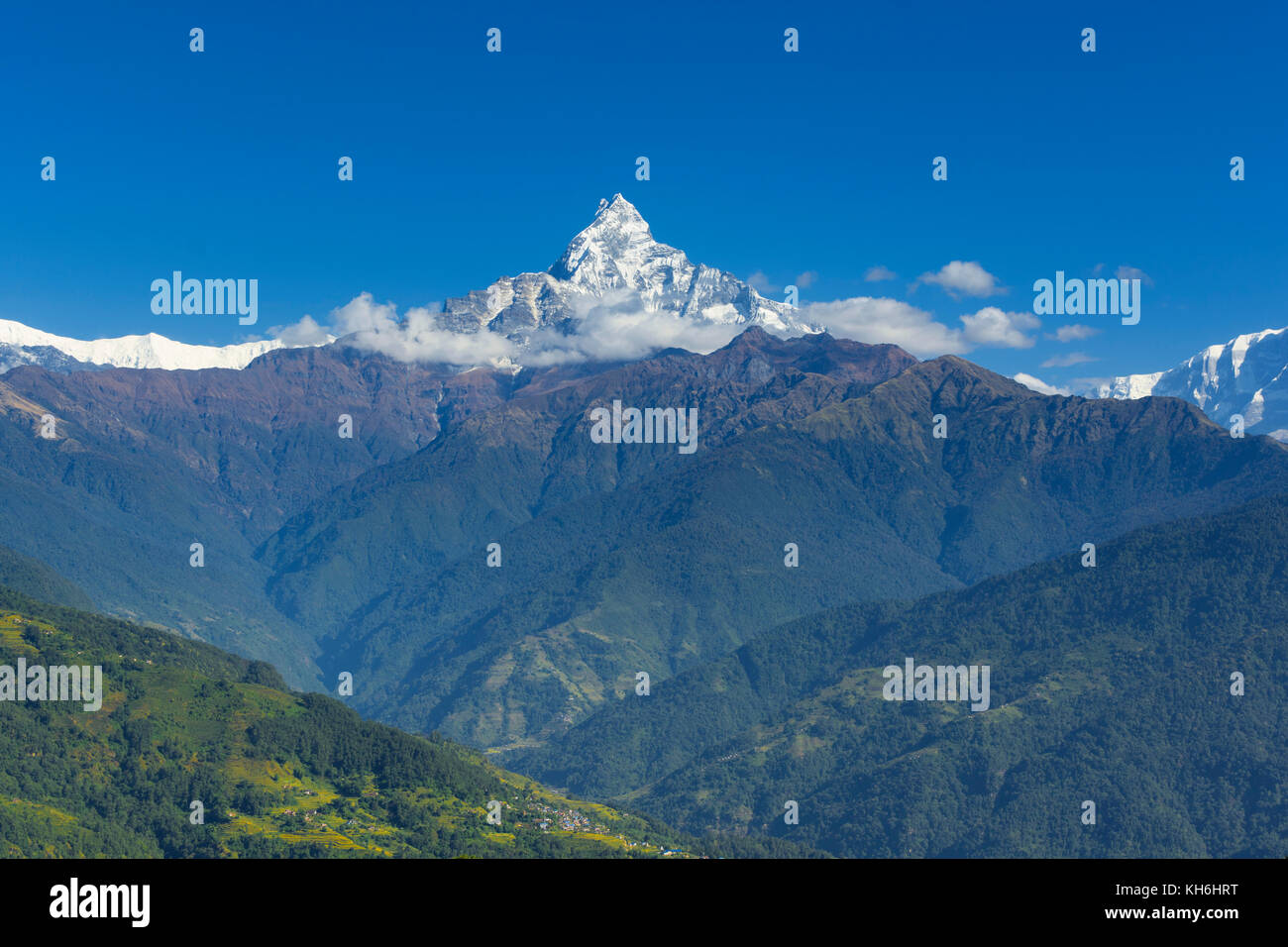 View of Fishtail or Machhapuchare Mountain from Dhampus village, Nepal Stock Photo