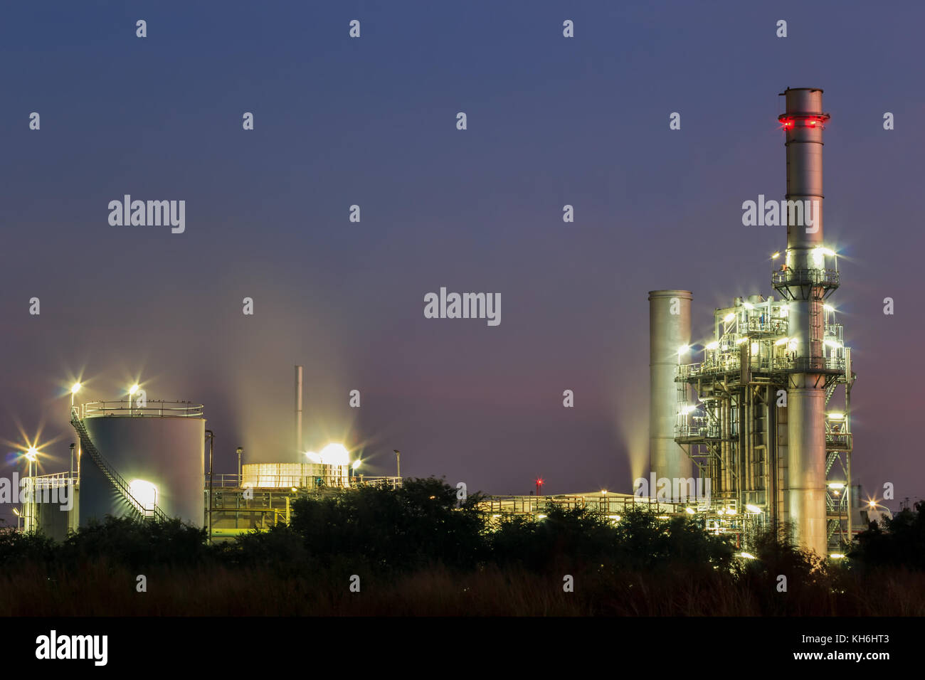 Gas turbine electrical power plant at dusk with blue sky Stock Photo ...