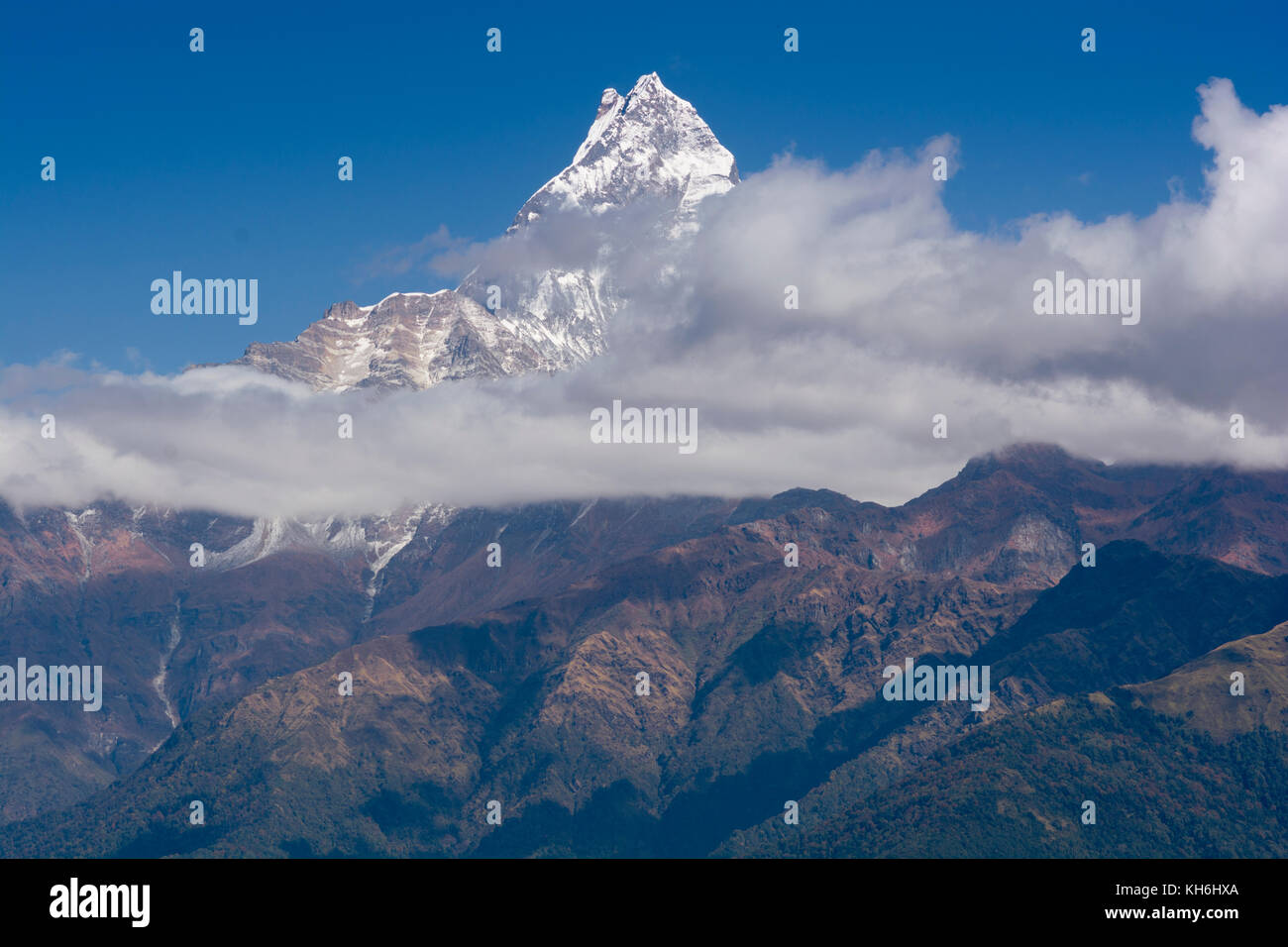 View of Fishtail or Machhapuchare Mountain from Dhampus village, Nepal Stock Photo