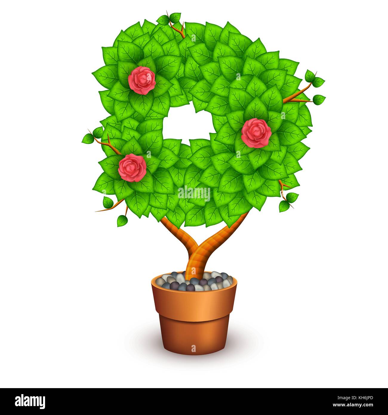 Isolated tree with flowers in clay pot. In the form of letter D. Vector illustration in eps10 Stock Vector