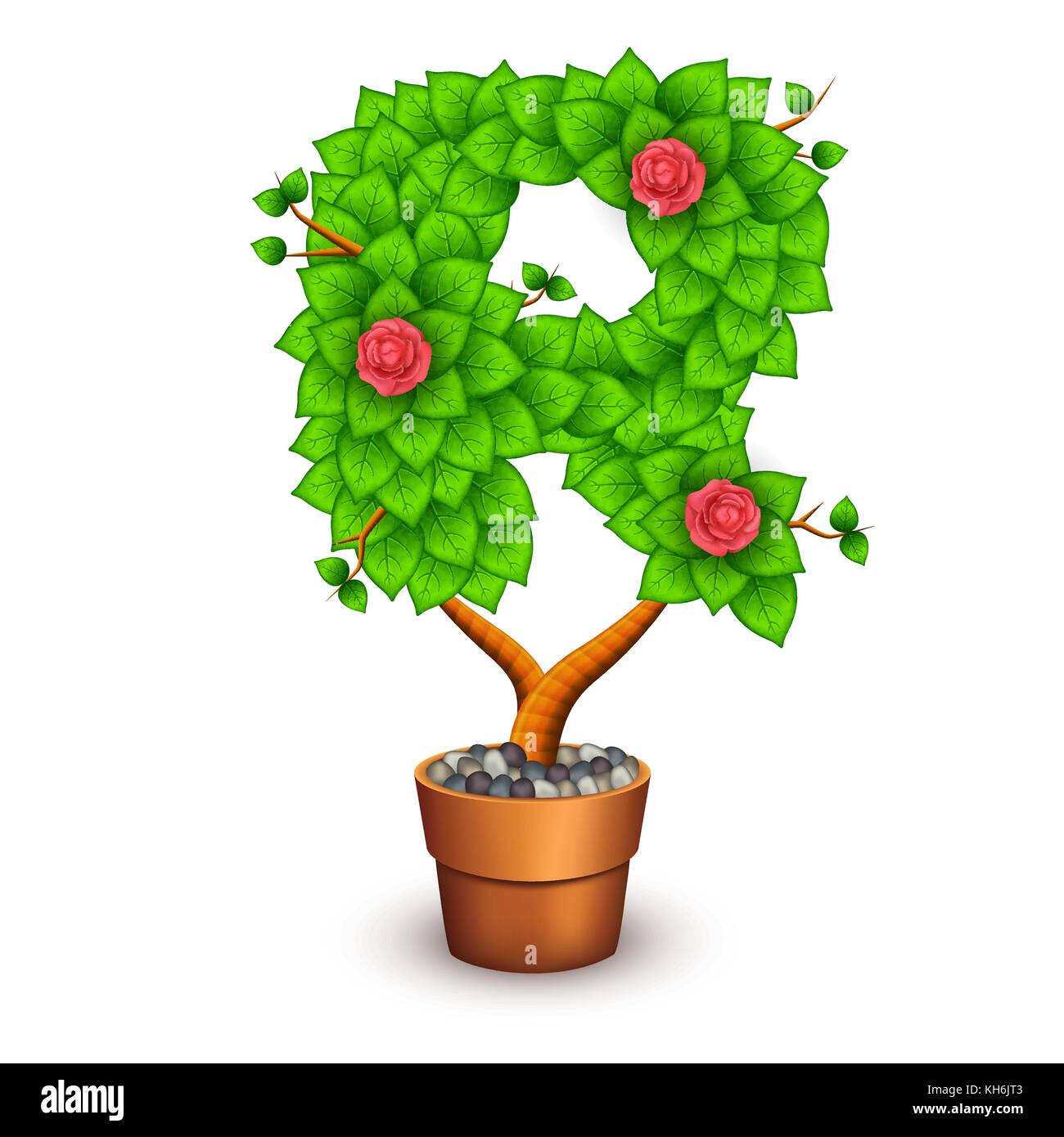 Isolated tree with flowers in clay pot. In the form of letter R. Vector ...