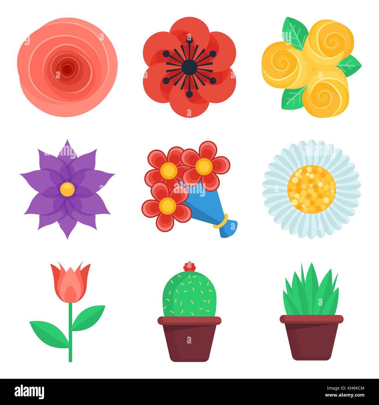 Set of flat flowers vector icons on white background. Vector ...