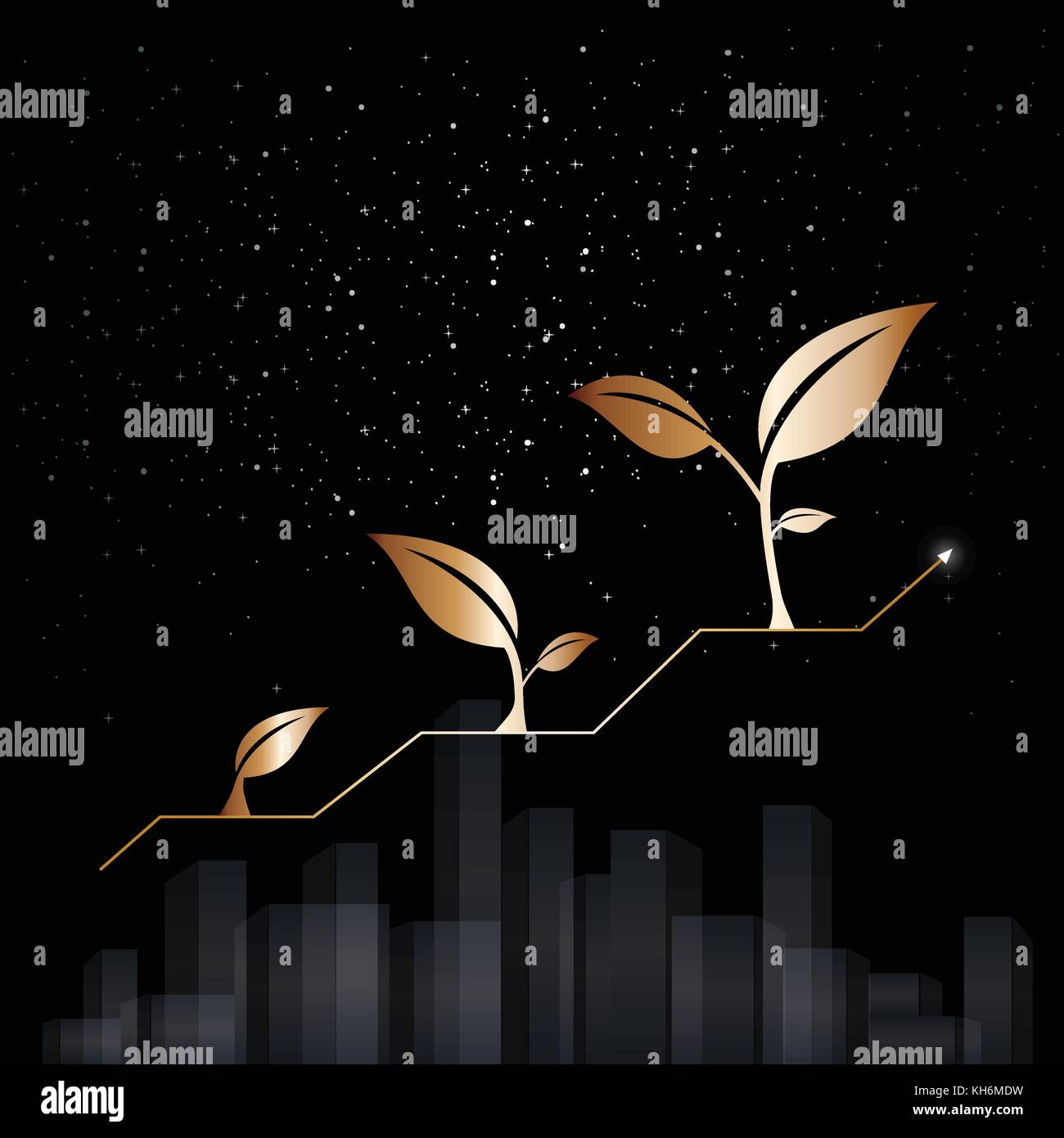 Growth of business or economy. Growing plant. Elegant gold and black background. Stock Vector