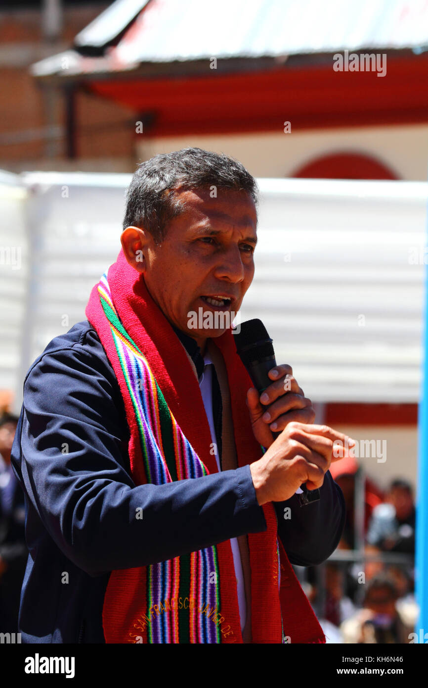 Peruvian president Ollanta Humala makes a speech at the Virgen de la Candelaria festival, Puno, Peru Stock Photo