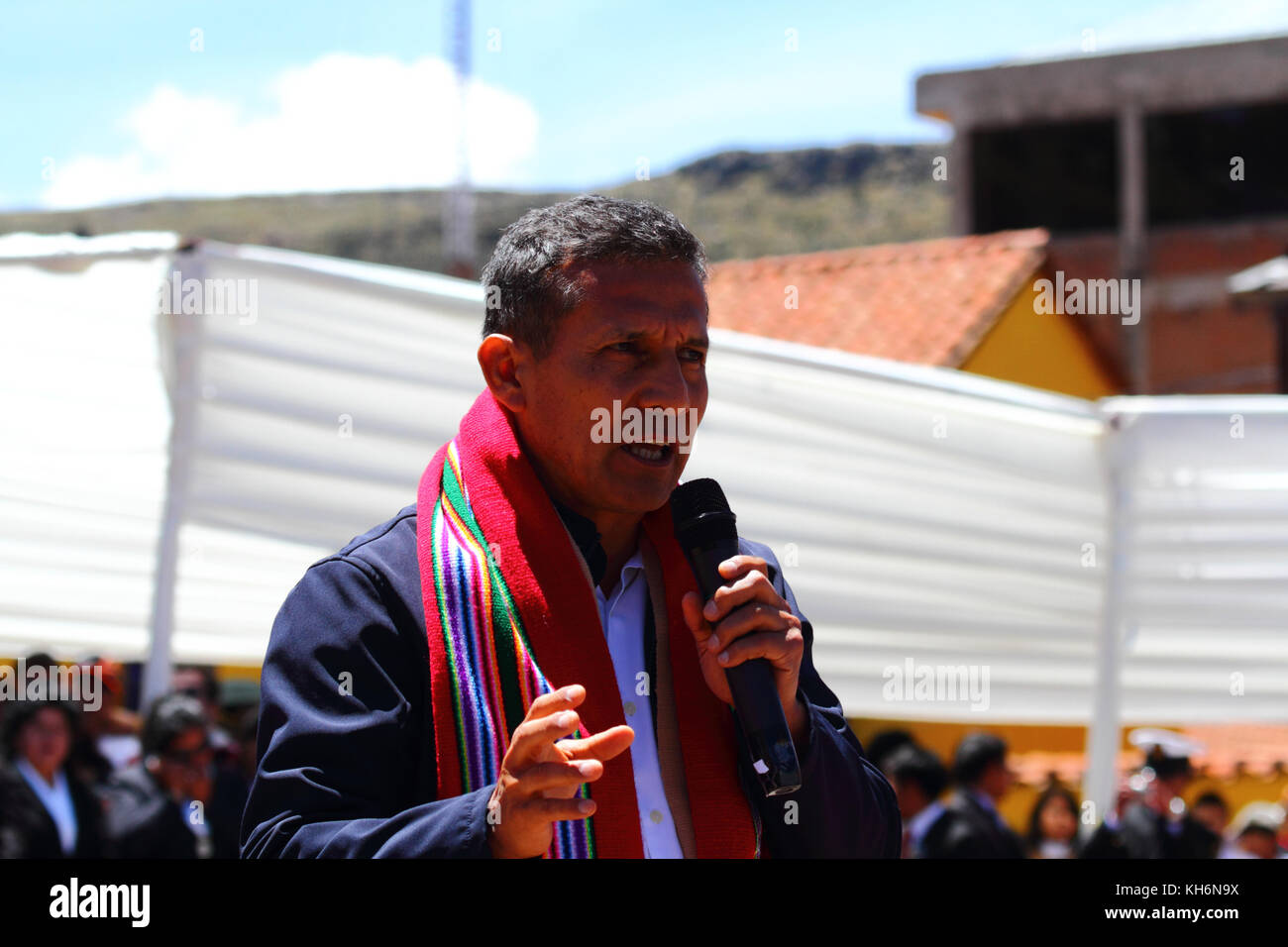 Peruvian president Ollanta Humala makes a speech at the Virgen de la Candelaria festival, Puno, Peru Stock Photo