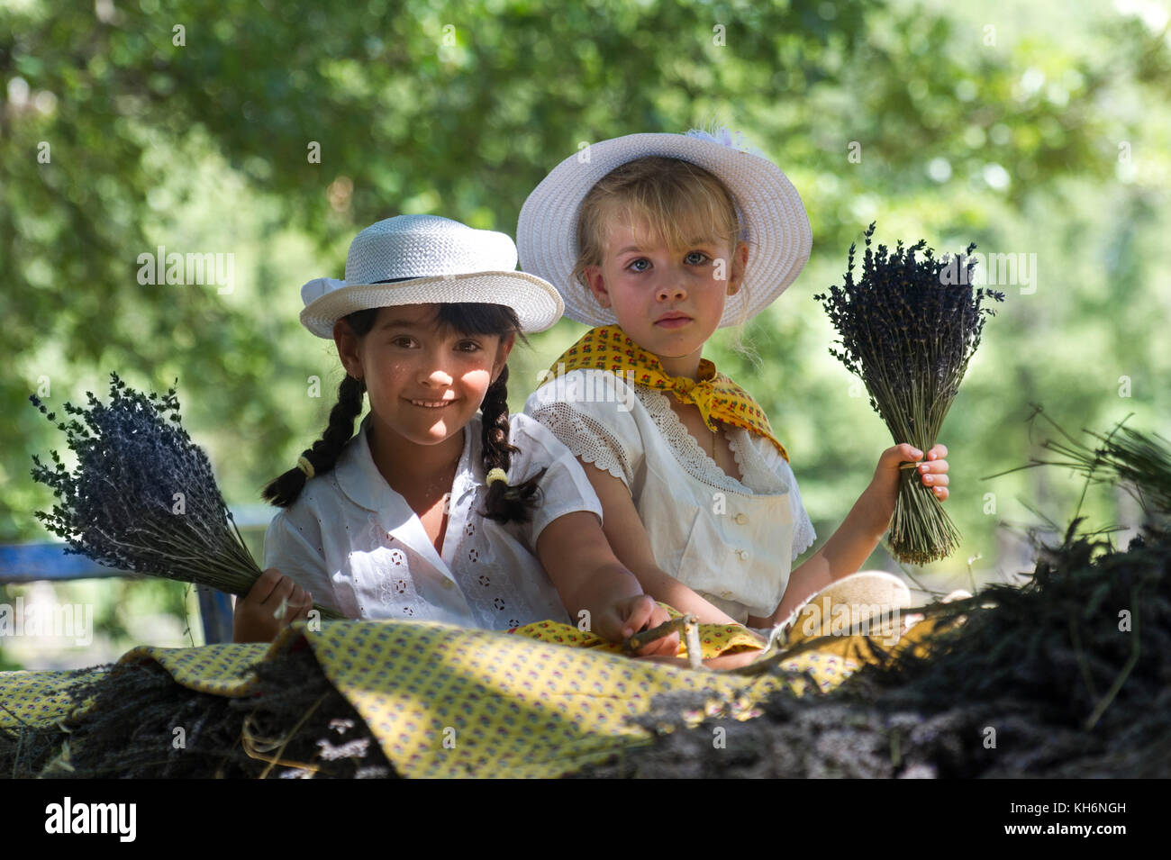 Europe, France, Vaucluse, (84), Pays de Sault. Lavender festival, two girl in costume. Stock Photo