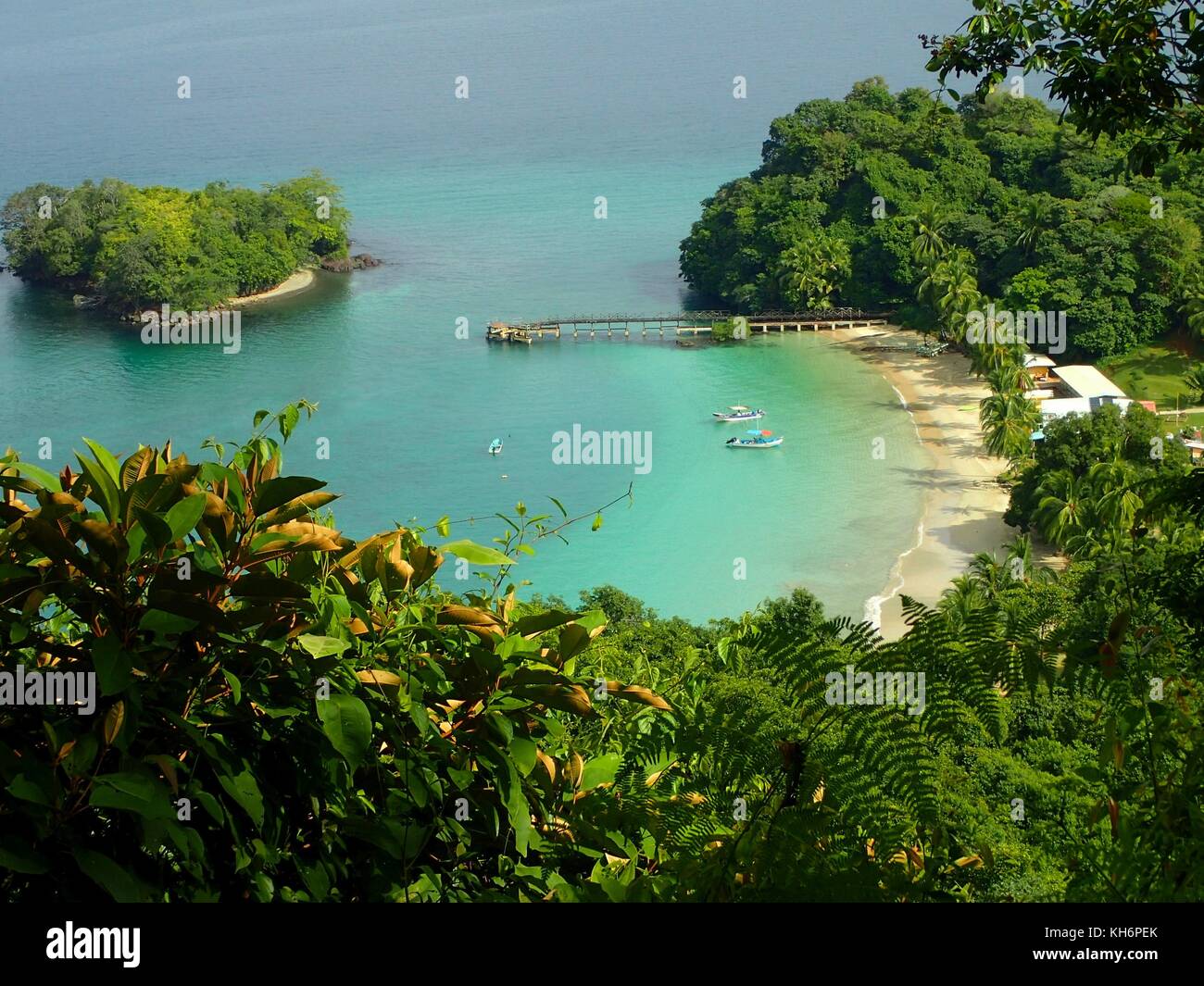 A view from elevatep point over beach in Parque Nacional de Isla Coiba, Panama. Stock Photo