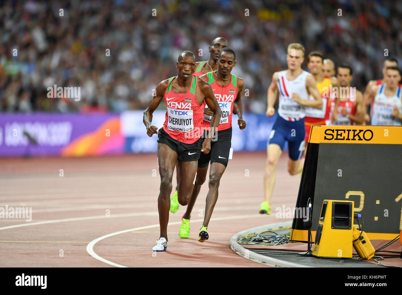 Kenyan athletes Timothy Cheruiyot (silver medal) and Elijah Motonei Manangoi (gold medal). 1500 metres final. IAAF World Championships London 2017 Stock Photo