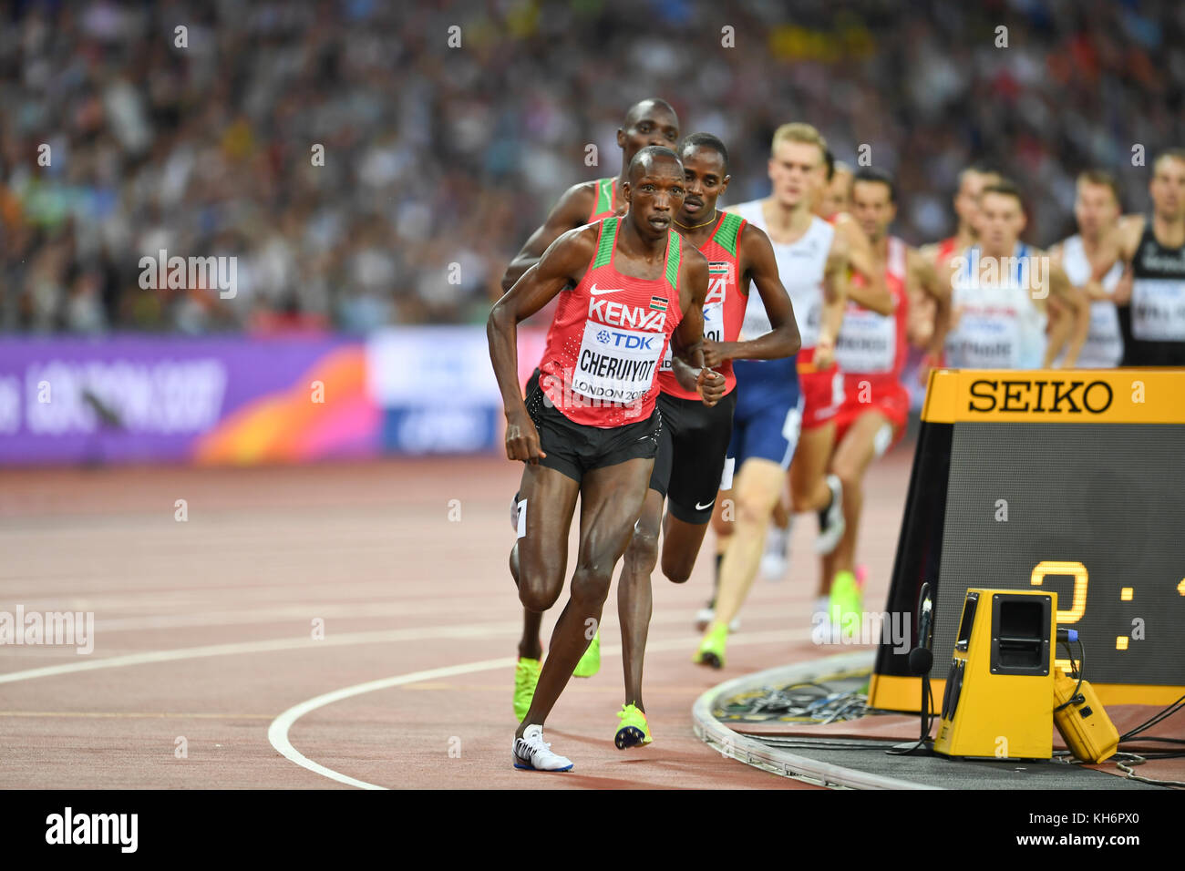 Kenyan athletes Timothy Cheruiyot (silver medal) and Elijah Motonei Manangoi (gold medal). 1500 metres final. IAAF World Championships London 2017 Stock Photo