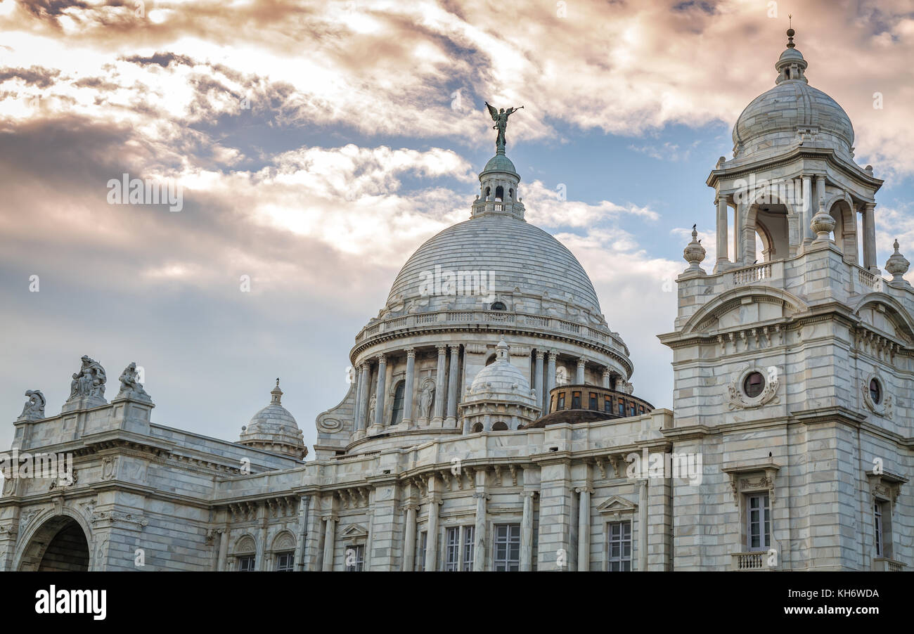Victoria Memorial - A white marble architectural monument and museum built in the memory of Queen Victoria at Kolkata, India. Stock Photo
