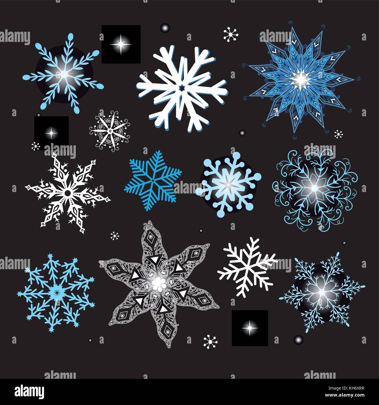 New Year vector set of different snowflakes on a black background Stock ...