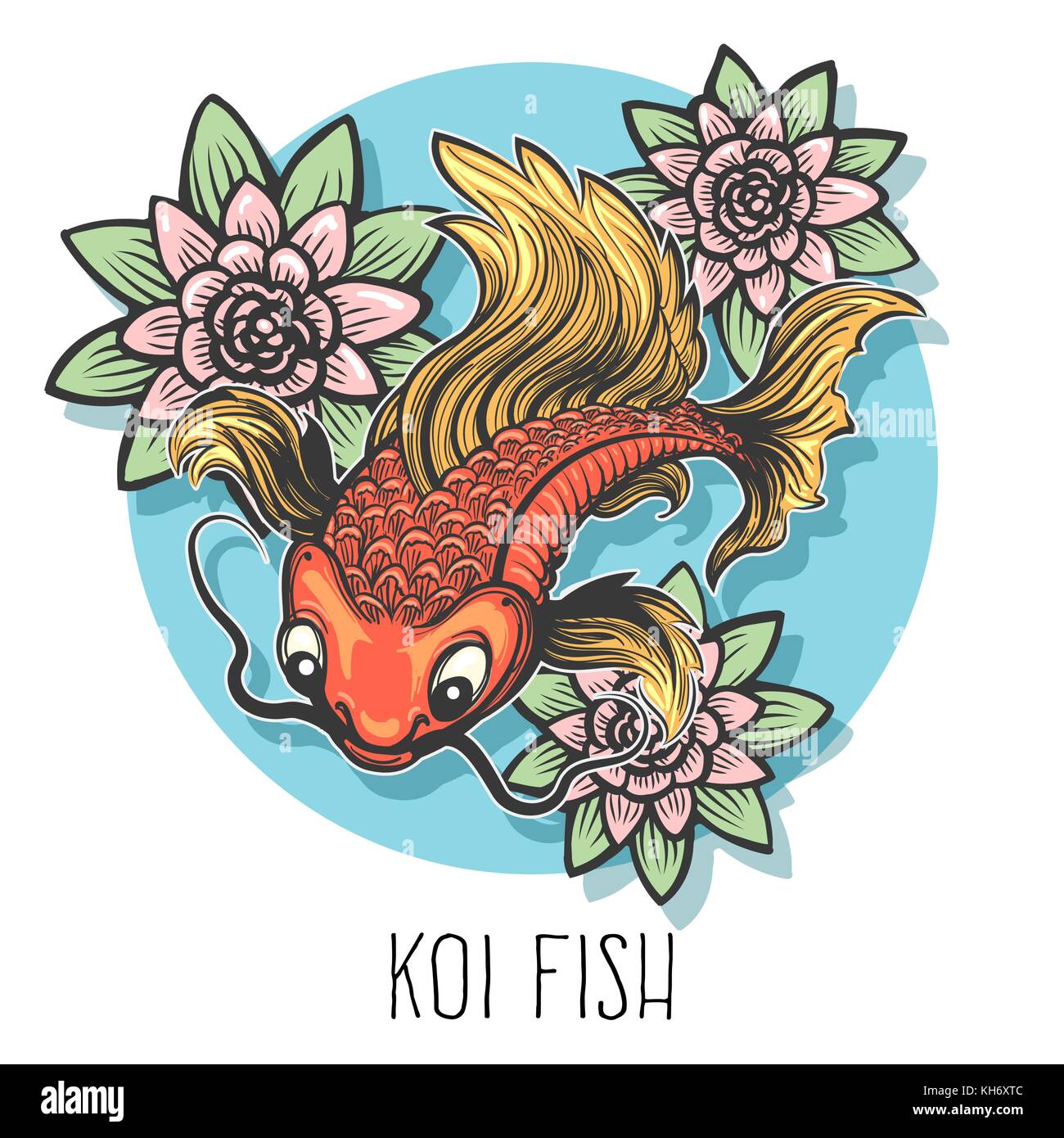Hand drawn carp fish with lotus flowers drawn in tattoo style isolated on white. Vector illustration. Stock Vector