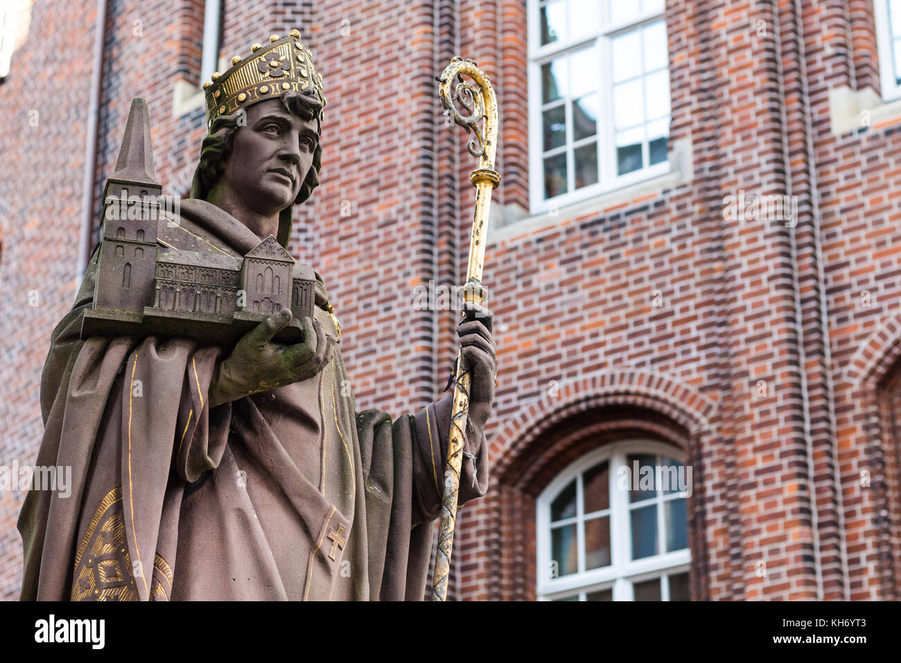 Travel to Germany - statue of statue was of St Angsar ( Archbishop Ansgar von Hamburg - Bremen, the founder of Hamburg cathedral in Old Town) on Trost Stock Photo