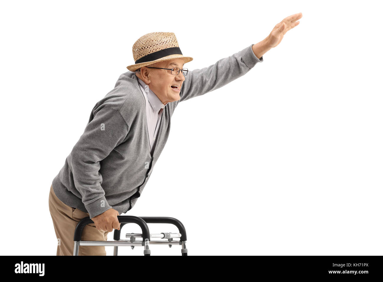 Mature man with a walker waving isolated on white background Stock Photo