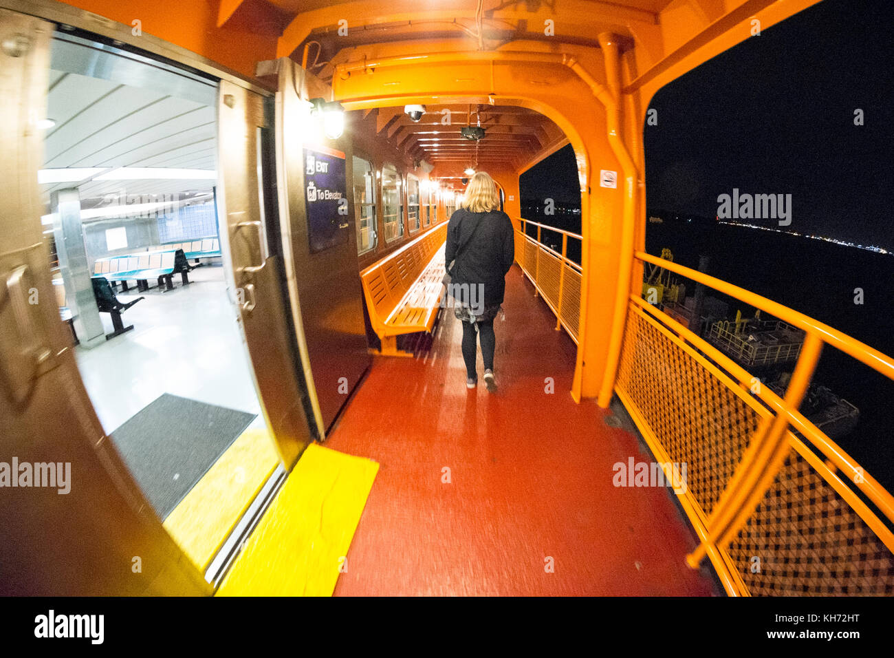 Viewing deck at night on the Staten island ferry, New York, United