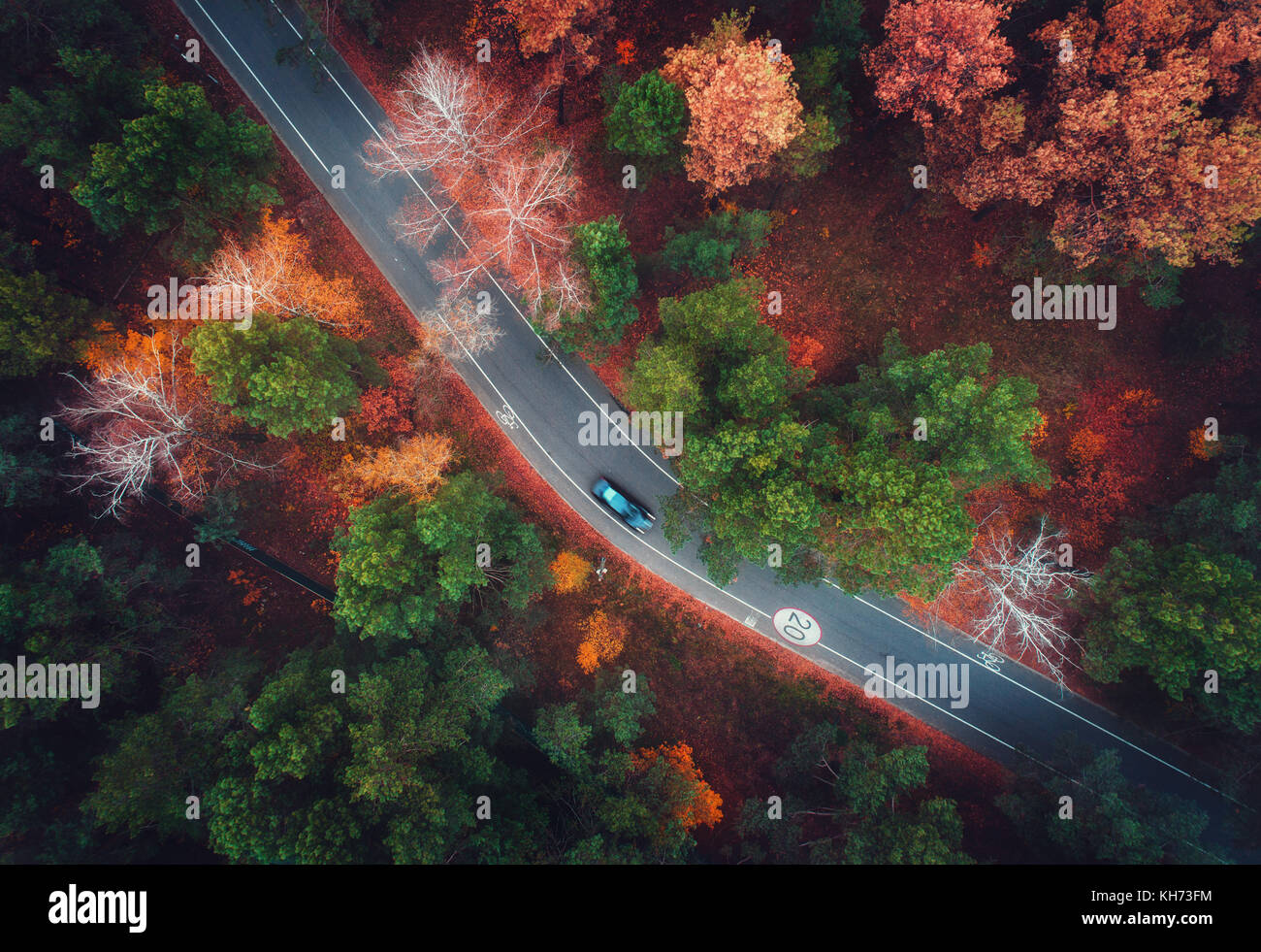 Aerial view of road with blurred car in autumn forest. Amazing landscape with rural road, trees with green, red and orange leaves in day. Highway thro Stock Photo