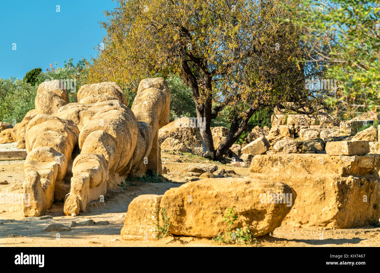 Fallen statue of Atlas at the Temple of Olympian Zeus in the Valley of Temples near Agrigento, Sicily Stock Photo