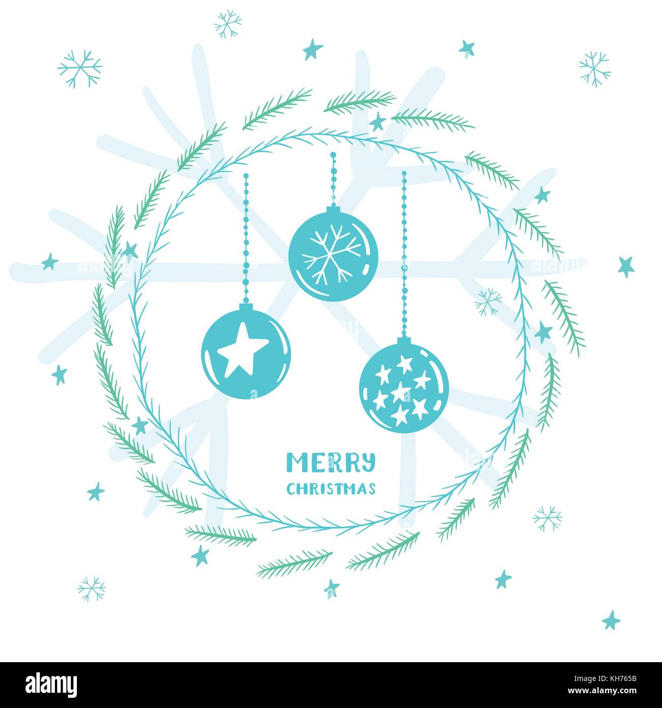Cute Christmas card with hanging decorations, round frame of spruce branches, stars and snowflakes Stock Vector
