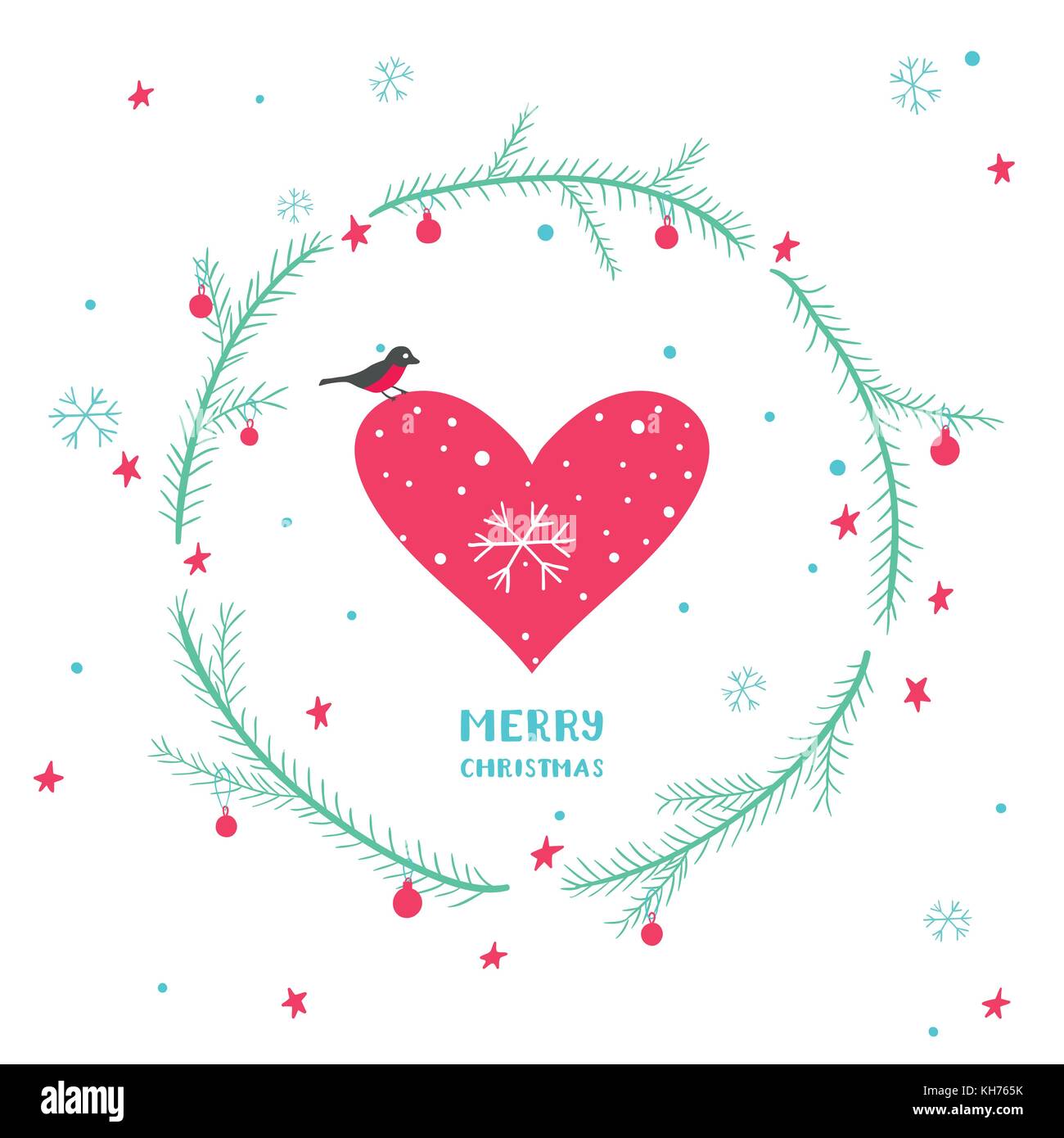 Cute Christmas card with heart, bullfinch and spruce branches Stock Vector