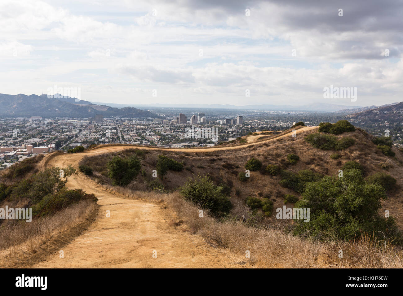 Urban hilltop hiking trail above Los Angeles and Glendale in Southern California. Stock Photo